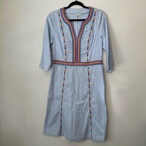 Boden blue and white pin stripe summer dress with colored embroidered accents.